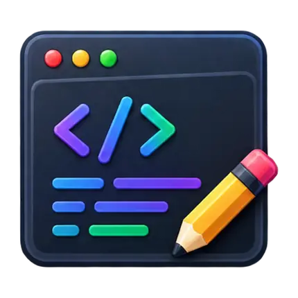 HTML code editor with colored syntax and pencil