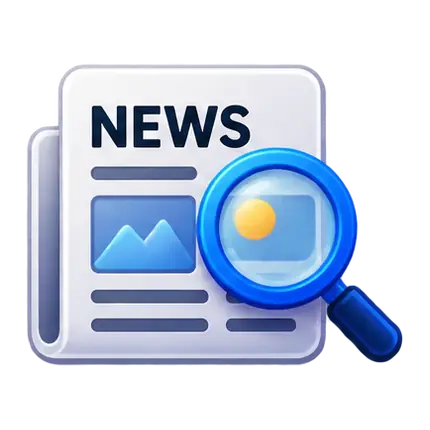 News and research references with magnifying glass